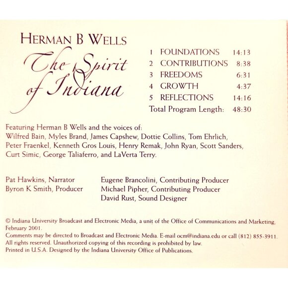 Herman B Wells The Spirit Of Indiana Oratory Speeches History CD  37296cd - Picture 2 of 2
